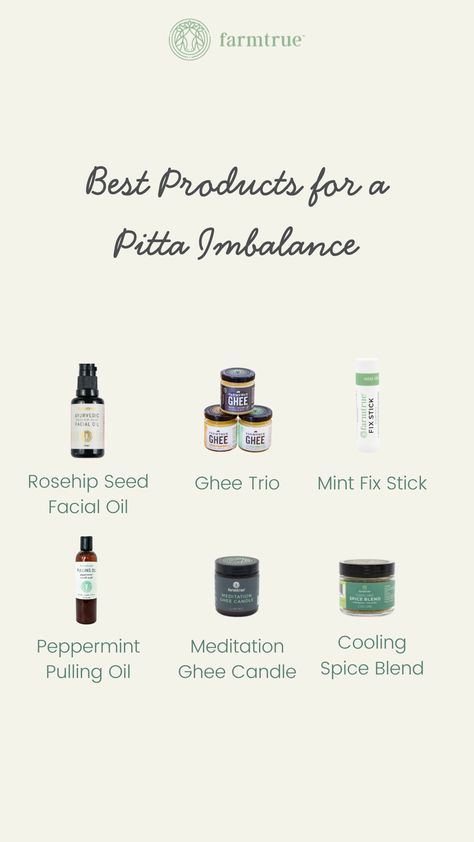 Not sure which Farmtrue products to buy? You're going to want to save this guide. 🔥If you notice more Pitta Imbalance Symptoms, like excess heat, inflammation, and irritability, you'll want to stick with the cooling blends, refresh oils, and soothing face care. Pitta Imbalance, Products To Buy, Facial Oil, Spice Blends, Best Products, Face Care, Ayurveda, Peppermint, Self Care