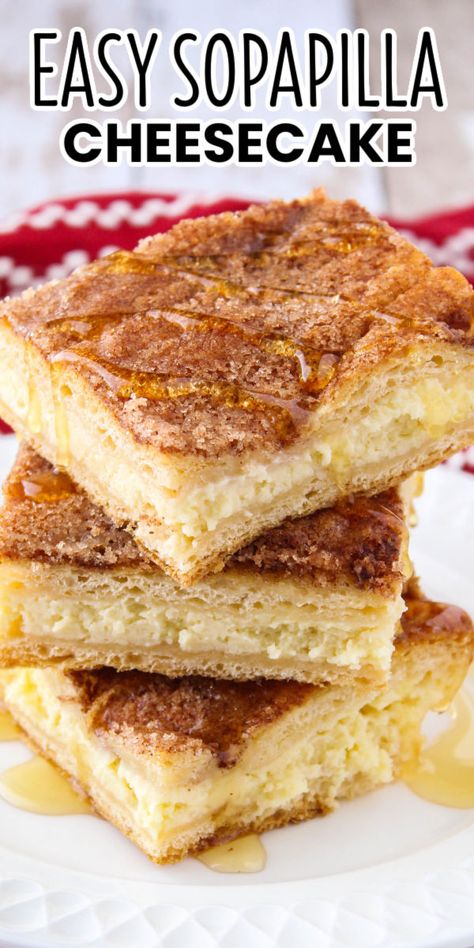 Cinnamon and sugar have never been more magical together than in this easy-to-make, so satisfying to eat, Sopapilla Cheesecake! Easy Sopapilla Cheesecake Bars, Desserts For Birthday Parties, Best Sopapilla Cheesecake, Sopapilla Cheesecake Recipe, Easy Sopapilla Cheesecake, Mexican Cheesecake, Dessert Potluck, Sopapilla Recipe, Fried Pastry