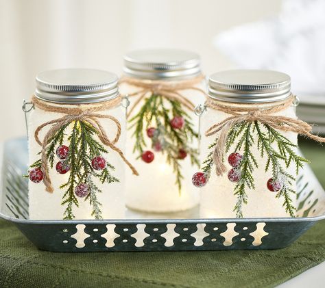 Create a festive display in your holiday home with these snow-kissed mason jars. Each is festooned with twine, berries, and pine, for a look that's sure to make your home merry and bright. From the Valerie Parr Hill Collection.  Original item is H231557. This product may be a customer return, vendor sample, or on-air display and is not in its originally manufactured condition. It may not be new. In some instances, these items are repackaged by QVC. Repurpose Jars, Jar Decorating Ideas, Oui Yogurt, Fall Craft Fairs, Mason Jar Design, Dollar Store Christmas Crafts, Glass Cookie Jars, Valerie Parr Hill, Christmas In July Sale