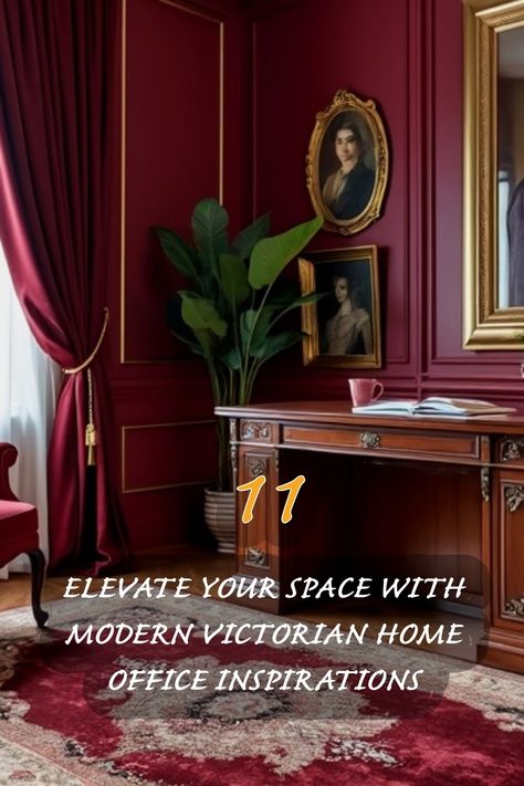 I’m absolutely in love with this rich, sumptuous room that beautifully blends modernity with Victorian charm. The deep burgundy walls create such a warm atmosphere, complemented by elegant gold accents and sophisticated artworks. Adding lush greenery not only enhances the vintage vibe but also brings life to the space. This is the perfect setup for a stylish home office! Discover how you can infuse these inspirations into your own home. Victorian Office Aesthetic, Victorian Home Office, Modern Victorian Home, Regency Bedroom, Hollywood Regency Bedroom, Victorian Office, Modern Victorian Style, Burgundy Walls, Stylish Home Office