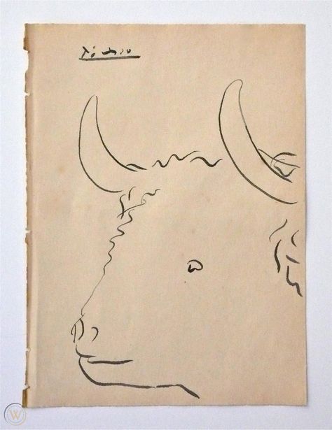 PABLO PICASSO -- A 1940s to 1950s ORIGINAL INK DRAWING, ANIMALS, BULL, SIGNED, | #1829662746 Picasso One Line Drawing, Picasso Bull, Picasso Line Drawing, Abstract Painting Easy, Pablo Picasso Drawings, Picasso Sketches, Picasso Cubism, Picasso Drawing, Pablo Picasso Art