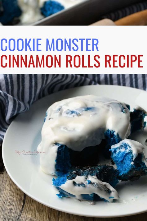 Colored Cinnamon Rolls, Cookie Monster Cinnamon Rolls Recipe, Oreo Cinnamon Rolls Recipes, Cookie Monster Cinnamon Rolls, Monster Cinnamon Rolls, Cookie Monster Cheesecake, Crushed Oreo, Beautiful Baking, Rolls Homemade