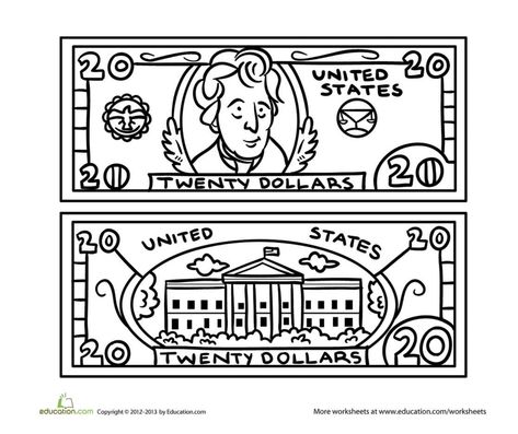 $20 bill coloring page 20 Dollar Bill, 10 Dollar Bill, Printable Play Money, Money Math Worksheets, Sped Math, Learning Money, Twenty Dollar Bill, Money Math, Money Worksheets