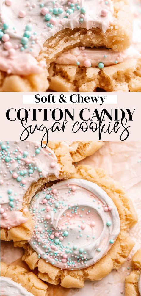 Big thick and soft sugar cookies with a swirl of cotton candy buttercream and sprinkles. Pink And Blue Cotton Candy, Candy Cookies Recipes, Cotton Candy Cookies, Crumble Cookie Recipe, Chewy Sugar Cookies, Big Cookie, Soft Sugar, Soft Sugar Cookies, Summer Cookies