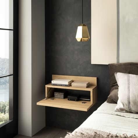 "10 Genius Bedside Wall Storage Ideas to Declutter Your Bedroom"  Transform your **dream apartment** with these stylish bedside wall storage ideas. Perfect for adding function and flair to your **minimalist apartment** bedroom design! #HomeDécor #BedroomDesign Bedside Table On Wall, Hanging Bedside Table, Floating Corner Desk, Wall Mounted Bedside Table, Floating Bedside Table, Bedside Table Design, Bedside Desk, Wall Mirror With Shelf, Minimalist Apartment