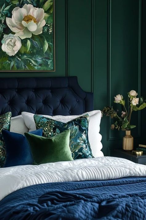 "Elevate your home with the allure of bold and moody color palettes! 🎨🖌️ A great way to add drama and sophistication to your space. 🌿✨ #BoldDesign #MoodyPalettes #InteriorDecor" Forest Green And Teal Bedroom, Navy And Green Bedroom Master, Navy Blue And Emerald Green Bedroom, Dark Green And Navy Bedroom, Peacock Color Palette Bedroom, Jewel Tone Master Bedrooms Decor, Peacock Green Bedroom, Navy And Emerald Bedroom, Navy Blue And Green Bedroom