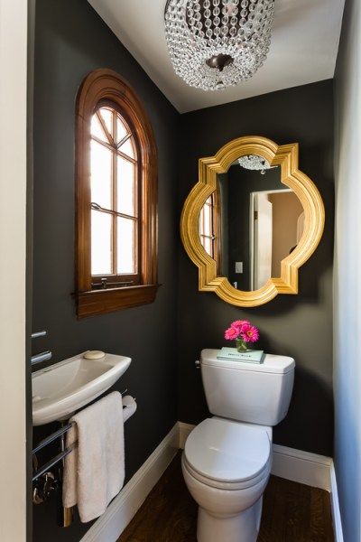 The best dark paint colour for a dark room, bathroom or basement, gray, brown, blue, green and more colors Powder Room Design Ideas, Manchester Tan, Downstairs Wc, Tiny Powder Rooms, Wc Decoration, Tiny Powder Room, Contemporary Powder Room, Dark Paint Colors, Powder Room Design