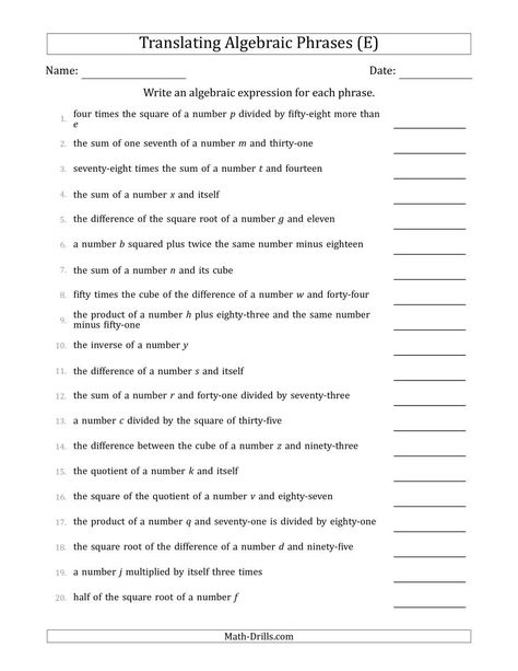 The Translating Algebraic Phrases (Complex Version) (E) Math Worksheet from the Algebra Worksheets Page at Math-Drills.com. 10th Grade Math Worksheets, Math Terminology, Algebra Equations Worksheets, Translating Algebraic Expressions, Writing Algebraic Expressions, 10th Grade Math, 8th Grade Math Worksheets, Maths Notes, Evaluating Algebraic Expressions