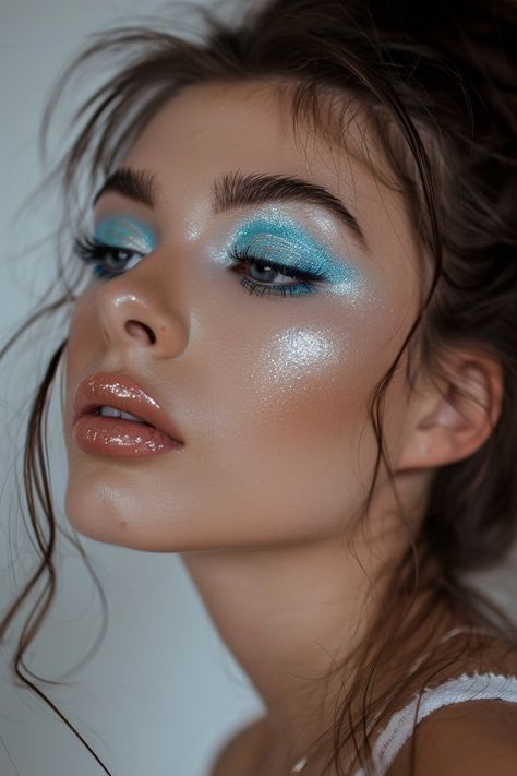 Feeling Blue? 50+ Insanely Gorgeous Blue Eyeshadow Looks - Days Inspired Blue Eye Makeup Dramatic, Blue Themed Makeup Looks, White And Blue Eyeshadow Looks, Cyan Makeup Looks, Blue Makeup Halloween, Icy Blue Makeup Look, Light Blue Glitter Makeup, Pale Blue Eyeshadow, Soft Blue Makeup