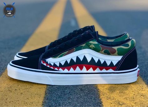 BAPE Shark custom VANS Old Skool Custom Vans Old Skool, Bape Shark, Shoe Sketches, Tenis Vans, Shoes Quotes, Trending Womens Shoes, Shoes Illustration, Black Shoes Heels, Latest Shoe Trends