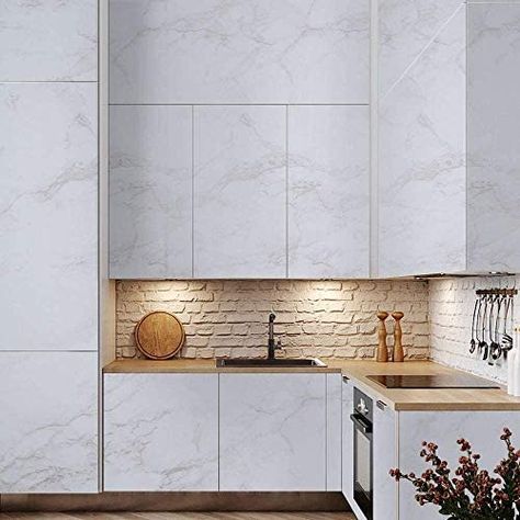 Wallpaper Bathroom Cabinets, White Marble Wallpaper, Hanging Kitchen Cabinets, Peel And Stick Kitchen, Wallpaper For Bathroom, Marble Contact Paper, Marble Sheets, Kitchen Cabinets Doors, Gradient Wallpaper