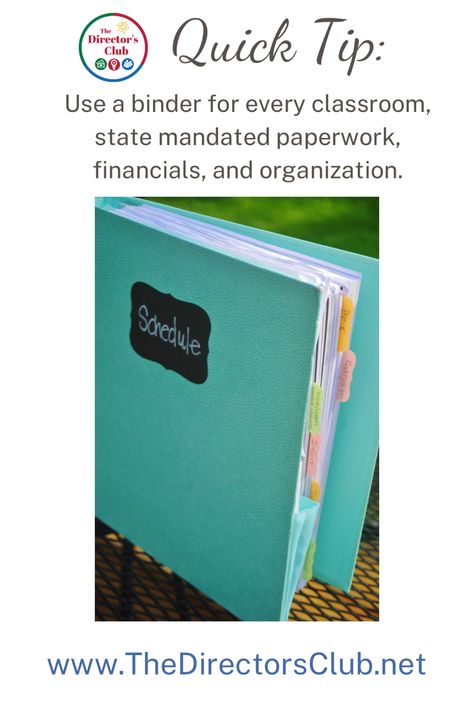 Image: aqua colored binder that says Schedule on the cover. Preschool Director Organization, Daycare Director Organization, Daycare Director Office, Daycare Inspiration, Childcare Facility, Childcare Director, Daycare Director, Preschool Director, Toddler Daycare