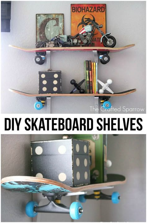 Skateboard Shelves, Skateboard Room, Diy Skateboard, Teen Boy Room, Teen Boy Bedroom, Floating Shelves Diy, Floating Wall Shelves, Big Boy Room, Boys Bedrooms