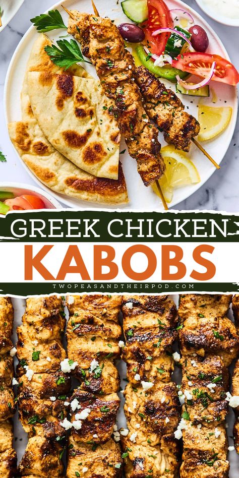 These Greek Chicken Kabobs make a great addition to your summer grilling menu or 4th of July food ideas! This chicken recipe is marinated in yogurt, olive oil, red wine vinegar, lemon, and garlic, then grilled to perfection. It also makes a great Father's Day dinner idea! Greek Yogurt Chicken Skewers, Yogurt Marinated Chicken Kabobs, Greek Bbq Recipes, Greek Chicken Skewers Grilled, Greek Bbq Ideas, 4th Of July Grilling Food, Mediterranean Kebab, Chicken And Potato Kabobs, Healthy Grilled Dinner Ideas