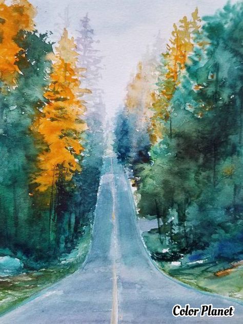 Ideas For Watercolor, Watercolor Art Paintings, Watercolour Inspiration, Forest Road, Watercolor Paintings Easy, Watercolor Mountains, Fall Watercolor, Watercolor Landscape Paintings, Easy Watercolor