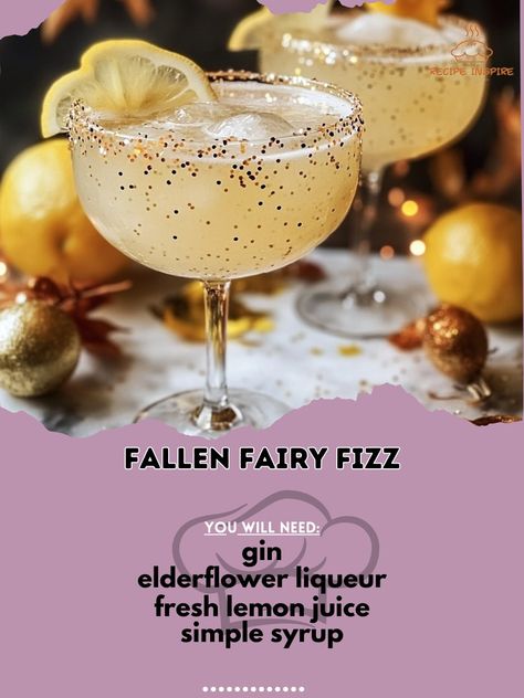 🧚‍♀️✨ Dive into the magical world of mixology with our "Fallen Fairy Fizz" cocktail! Perfectly enchanting for a cozy night in. ✨🍹 🍂 Fallen Fairy Fizz Ingredients: - 1.5 oz gin - 0.5 oz elderflower liqueur - 0.5 oz fresh lemon juice - 0.25 oz simple syrup - 2 oz sparkling water - Edible glitter for garnish Instructions: 1. Combine gin, elderflower liqueur, lemon juice, and simple syrup in a shaker with ice. 2. Shake well and strain into a glass filled with ice. 3. Top with sparkling water an... Fairy Cocktails, Fizz Cocktail, Recipes Tutorials, Yummy Alcoholic Drinks, Drinks And Food, Fairy Party, Edible Glitter, Alcohol Drinks, Cold And Hot