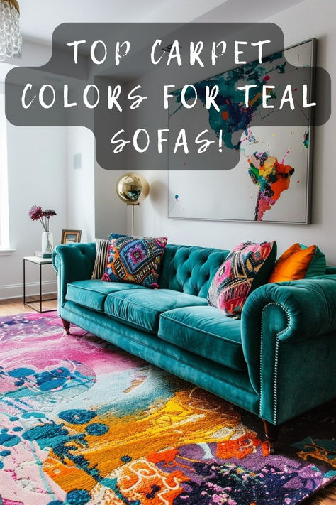 Curious about the perfect carpet to match your teal sofa? Click to see which colors create the most stunning look! 🛋️🎨 #HomeDecor #TealSofa #CarpetColors #InteriorDesign #LivingRoomStyle Teal Sofa Bed, Teal Carpet Living Room, Colourful Carpet Living Room, Living Room Teal Couch, Teal Sofa Living Room Color Palettes, Red And Turquoise Living Room, Teal Sofa Living Room Decor, Dark Teal Sofa, Dark Teal Couch