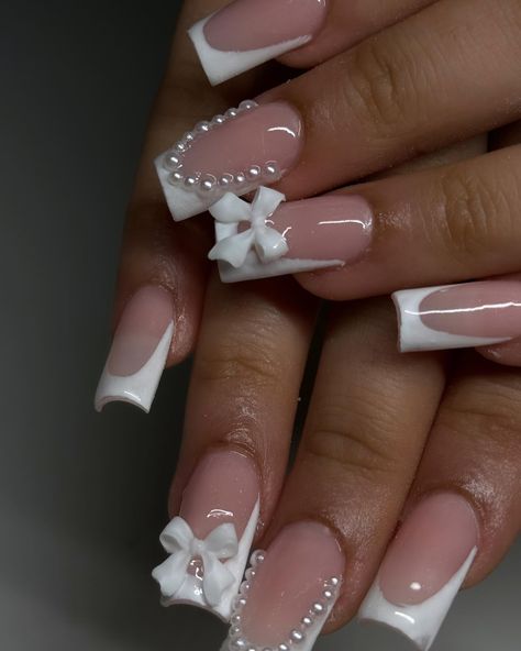 Small Cute Nail Designs, Pink Bday Nails Almond, Nail Inspo No Charms, White Nail Inspired, Nails Ballerina Design, Nail Ideas Homecoming, Nails Without Charms, Wide Nail Bed Shape, Acrylic Powder Nails Ideas