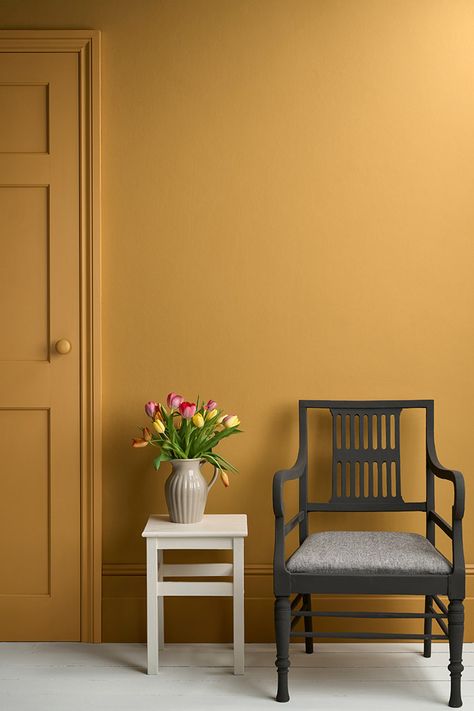 Annie Sloan Satin Paint, Yellow Hallway, Mustard Yellow Walls, Saffron Spice, Yellow Furniture, Painted Cupboards, Yellow Room, Yellow Doors, Swinging Sixties