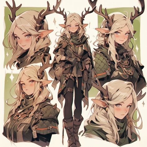 Deer Person Character Design, Character With Antlers, Elf With Antlers, Dungeons And Dragons Character Design, D&d Druid, Dnd Druid Art, Druid Character Art, Druid Character Design, Dungeons And Dragons Druid