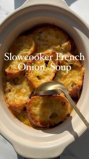 Slowcooker French Onion Soup 🥣 🥖 🧀 What’s better than a rich brothy soup with crusty cheesy bread on top? This is the laziest version possible so I apologise to the French nation. (Full recipe in the comments) | Bored of Lunch | Emma Peters · Gisèle Brothy Soup, Slow Cooker French Onion Soup, French Onion Soup Recipe, Onion Soup Recipes, Onion Gravy, Cheesy Bread, Slow Cooker Soup, Crock Pot Cooking, French Onion Soup