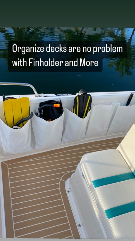 Clutter Free Decks are made simple with Finholder and Mores' removable pocket storage system. Why have tripping hazards everywhere? Ever have someone step on your dive mask and break it? Not when stored in the expandable pocket of the Finholder and More unit.
Call or click today www.finholder.com Life Jacket Storage Ideas On Boat, Dive Gear Storage, Boat Storage Ideas Space Saving, Boat Organization Ideas, Boat Essentials, Boat Organization, Snorkel Gear, Pontoon Boat Accessories, Boat Interiors