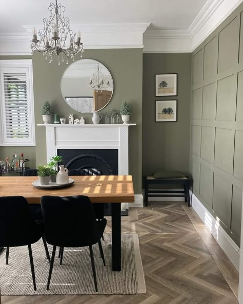 Farrow And Ball Treron, Panelled Dining Room, Paneled Dining Room, Farrow And Ball Living Room, Dining Room Paint Colors, Living Room Wall Color, Room Wall Colors, Narrow Hallway Decorating, Dining Room Paint