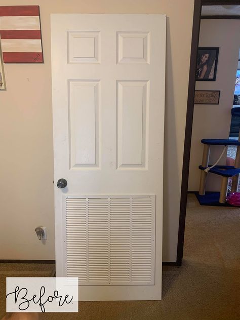 $30 Laundry Room Screen Door Idea - The Happy Farmhouse Vented Door Ideas, Laundry Doors Ideas, Screen Door Makeover, Farmhouse Screen Door, Laundry Room Door Ideas, Mobile Home Furnace, Vented Door, Laundry Room Door, Furnace Room