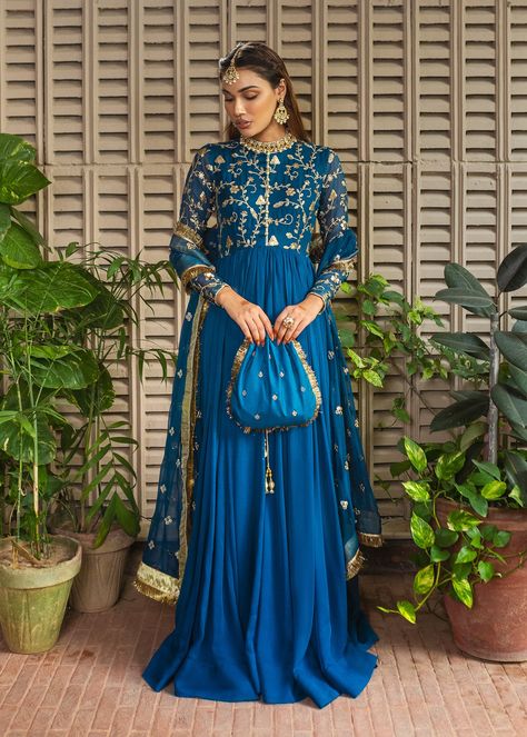 Floor Length Anarkali, Wedding Evening Gown, Evening Wear Dresses, Chiffon Pants, Potli Bag, Plus Size Gowns, Anarkali Gown, Fitted Sleeves, Blue Gown