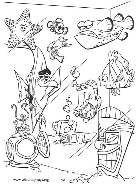 finding nemo coloring pages | The Tank Gang coloring page Finding Nemo Coloring Sheets, Finding Nemo Aquarium, Finding Nemo Fish Tank, Fish Tank Drawing, Finding Nemo Coloring Pages, Nemo Coloring Pages, Tank Drawing, Disney Finding Nemo, Fish Coloring Page