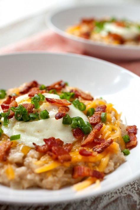 Bacon Cheddar Savory Oatmeal: A necessary change on the sweet oatmeal that so many people love. This version has deep flavor and is pretty quick to make. Crunchy bacon, gooey cheddar cheese, and a perfect soft egg. Breakfast is ready. | macheesmo.com Oatmeal For Dinner, Savory Bowls, Oatmeal Dinner, Savory Oatmeal Recipes, Savory Oatmeal, Cheesy Bacon, Bacon Cheddar, Oats Recipes, Savory Breakfast