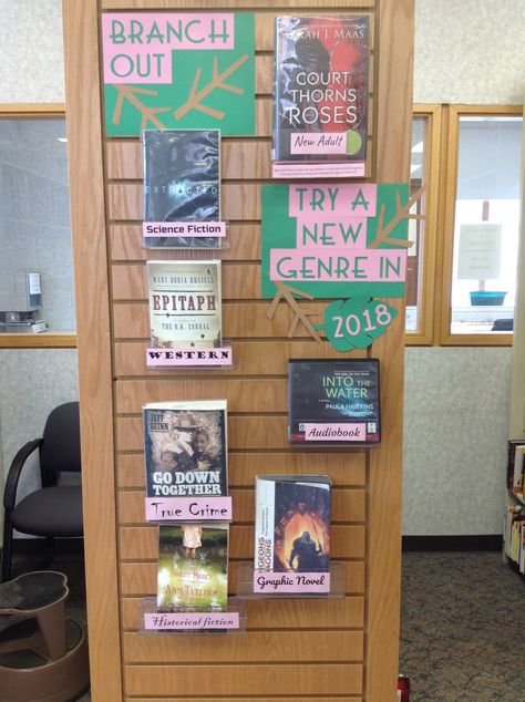 Try a new genre library display | public library display (no link, just pic) | Centralia Public Library, Centralia MO Public Library Displays, January Library Displays, Library Displays Public, Public Library Programs, January Book, Library Decorations, Passive Programs, Graphic Organizer Template, Library Programming