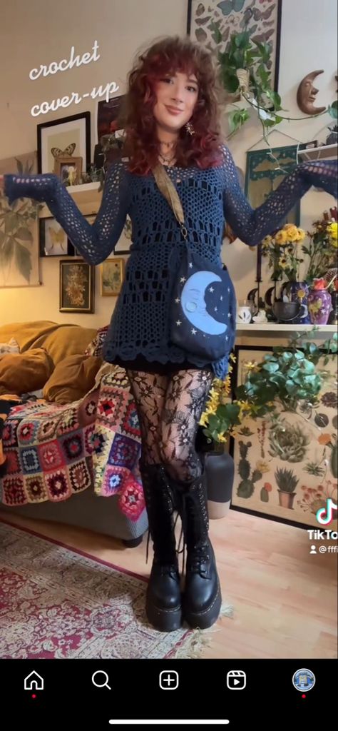 Witchy Crochet Cardigan, Crochet Witchy Clothes, Witchy Crochet Top, Crochet Clothes From Movies, Alt Knitting Patterns, Whimsigoth Crochet Ideas, Whimsigoth Knitting, Witchy Crochet Projects, Whimsy Goth Crochet