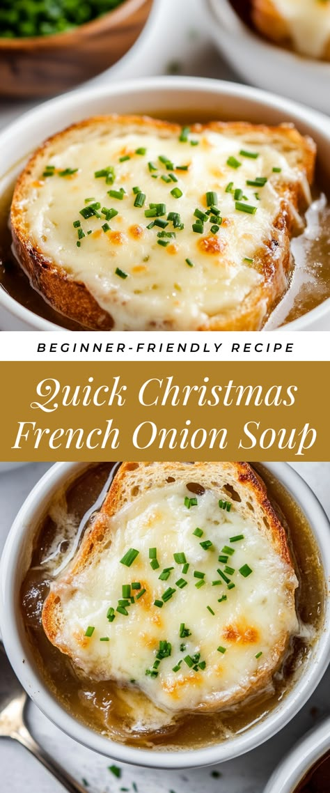 Image for Quick Christmas French Onion Soup Simple French Onion Soup Recipe, Stovetop French Onion Soup, Holiday Soups Christmas, Christmas Soup Ideas, Christmas Eve Soup, French Onion Soup Dip, Christmas Soup Recipes, French Christmas Food, Christmas Soups