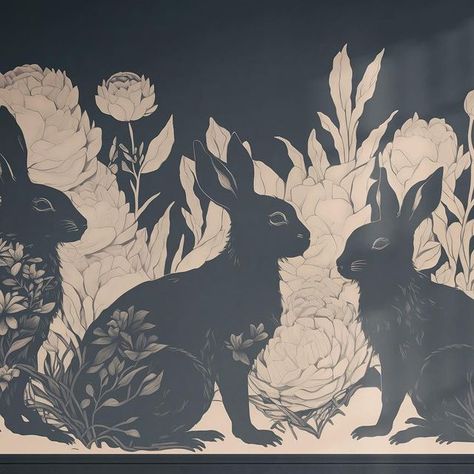 Whimsical Mural, Lino Print Pattern, Pet Room, Art Deco Color, Bedroom Murals, Silk Wallpaper, Bunny Wallpaper, Mural Ideas, Lino Cut