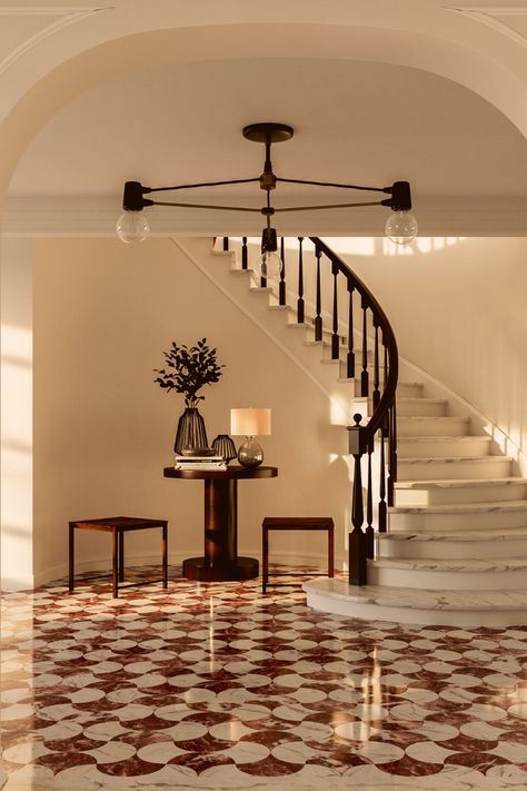 red and white marble floor Red And White Marble, Calacatta Marble Floor, Marble Entrance, Marble Floor Pattern, Curved Stairs, Inlay Flooring, Marble Flooring Design, Foyer Flooring, Old House Interior