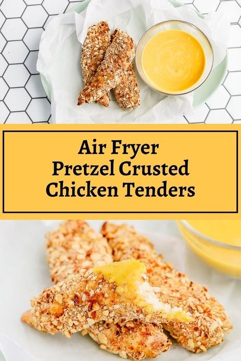 These Pretzel Crusted Air Fryer Chicken Tenders are easy and delicious! Chicken strips, coated in a pretzel crust and air fried for just 16 minutes. Serve them hot and crispy with a honey mustard dipping sauce! #airfryerchicken #pretzelcrustedchicken Pretzel Coated Chicken Tenders, Air Fryer Pretzel Chicken, Pretzel Crusted Chicken Air Fryer, Pretzel Crusted Chicken Tenders, Pretzel Chicken Recipes, Pretzel Coated Chicken, Crusted Air Fryer Chicken, Pretzel Chicken Tenders, Honey Mustard Pretzel Chicken