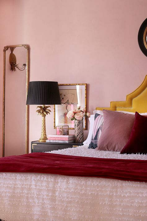 Farrow and Ball Calamine Paint in bedroom with accents of burgundy and blush pink Pink Burgundy Bedroom, Cottage Pink Bedroom, Burgundy And Pink Bedroom, Pink And Burgundy Bedroom, Red And Pink Bedroom, Mexican Cottage, Burgundy Carpet, Burgundy Bedroom Ideas, Burgundy Bedroom