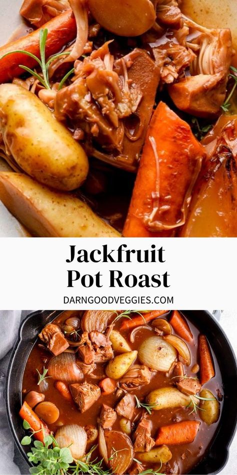 Crockpot Jackfruit, Vegetarian Pot Roast, Jack Fruit Pot Roast, Crockpot Recipes Vegan, Vegan Dutch Oven, Jackfruit Pot Roast, Jackfruit Pot Roast Crockpot, Jackfruit Roast, Vegetarian Pot Roast Slow Cooker