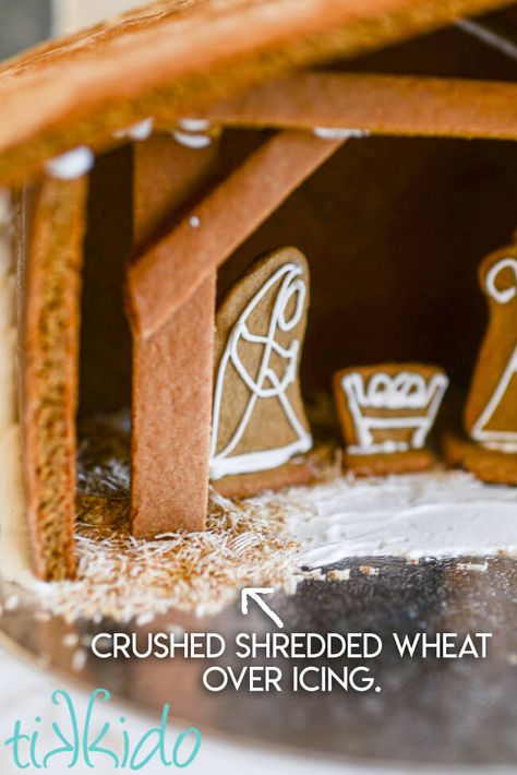 Gingerbread Nativity Nativity Gingerbread House, Nativity Gingerbread, Gingerbread Nativity, Shredded Wheat Cereal, Christmas Birthday Cake, Gingerbread House Recipe, Gingerbread House Template, Gingerbread Dough, Gingerbread Cookies Decorated