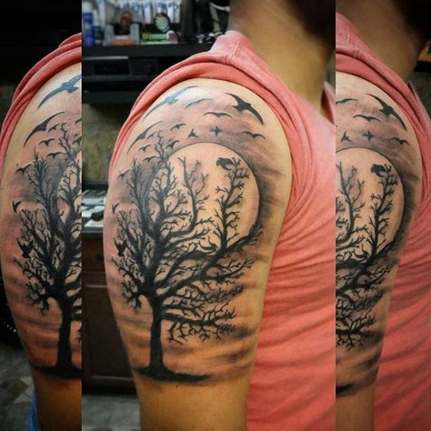 Tree And Moon Tattoo, Dead Tree Tattoo, Feather Tattoo For Men, Swing Tattoo, Tree Roots Tattoo, 2023 Tattoo, Crow Tattoo Design, Shoulder Tats, Tattoo Shading