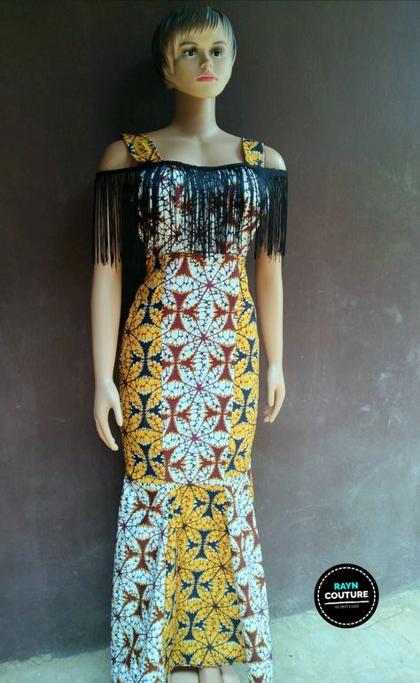 Ankara Long Gown With Fringes, Six Pieces Gown, Ankara Flared Dress, Gown With Fringe, African Maternity Dresses, Bustier Blouse, Dinner Gowns, African Party Dresses, Off Shoulder Long Dress