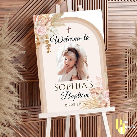 Boho Baptism, Baptism Welcome Sign, Board Template, Welcome Signs, Sign Board, Baptism Invitations, Electronic Invitations, Pampas Grass, Canva Templates