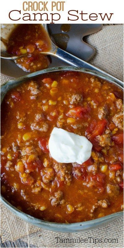 Easy to make Crock Pot Camp Stew! The slow cooker does all the work for this rich and hearty stew filled with hamburger beef, tomatoes, corn and more! Delicious comfort food perfect for Winter!  #Camp #stew #crockpot #slowcooker #recipe Camp Stew Recipe, Camp Stew, Camping Dessert Recipes, Stew Crockpot, Chicken Hamburger, Crockpot Soups, Monthly Menu, Camping Dishes, Camping Desserts