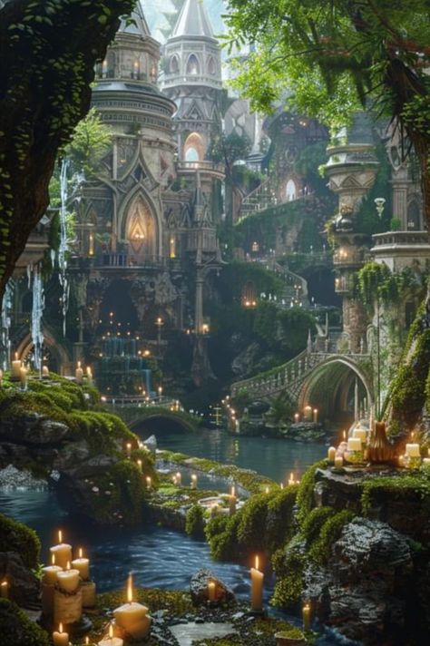 Elf Kingdom Aesthetic, Magical Village Aesthetic, Fantasy World Aesthetic, Fae Kingdom, Magic Scenery, Fairy Court, Elf City, Forest Castle, Elven City