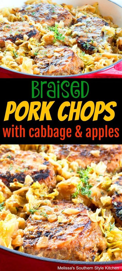 Apples And Cabbage Recipe, Cabbage And Apples, Cabbage Pie, Cajun Seasonings, Red Recipes, Farmhouse Cooking, Braised Pork Chops, Thick Cut Pork Chops, Pork Dinners