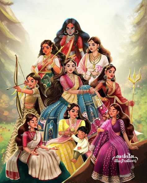 Navdurga Cute Images, Maa Paintings Art, Navdurga Illustration, Lord Durga Drawing, Navdurga Painting, Durga Goddess Art, Navdurga Images, Devi Aesthetic, Navratri Illustration