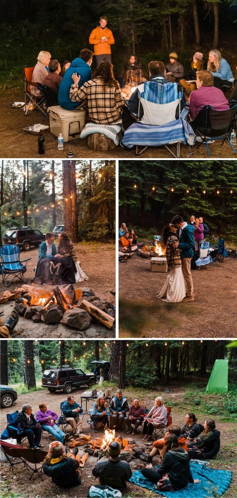 Wedding Camping, Camp Out Wedding, Wedding Camping Ideas, Off Grid Wedding, Wedding Campfire, Camping Wedding Reception, Camping Elopement, Campground Wedding Ideas, Campfire And Brews Before I Dos