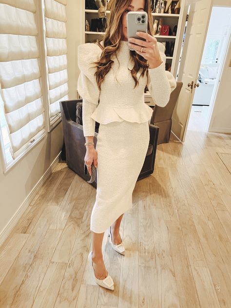 Winter white skirt set church outfit peplum top and skirt Cream Sweater Skirt Outfit, Winter Baptism Outfit Women, Baptism Outfit Women, White Coat Ceremony Outfit, Bride To Be Outfit, Winter Wedding Outfit, Outfit Idea Winter, Straight Midi Skirt, Sweater Skirt Outfit