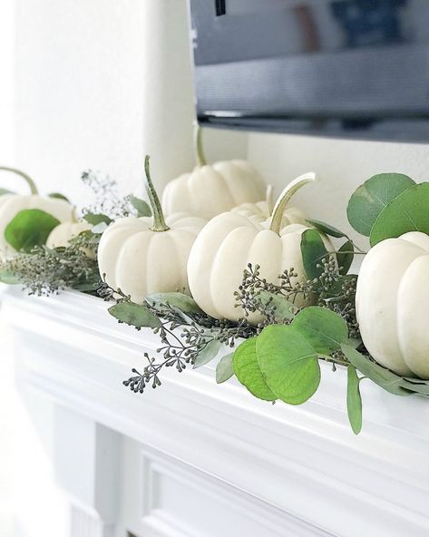 Decorating With White Pumpkins, White Fall Decor Ideas, Decorating With White, White Pumpkin Decor, Fall Mantle Decor, Fall Decorating Ideas, Pumpkin Display, Neutral Fall Decor, Fall Home Tour